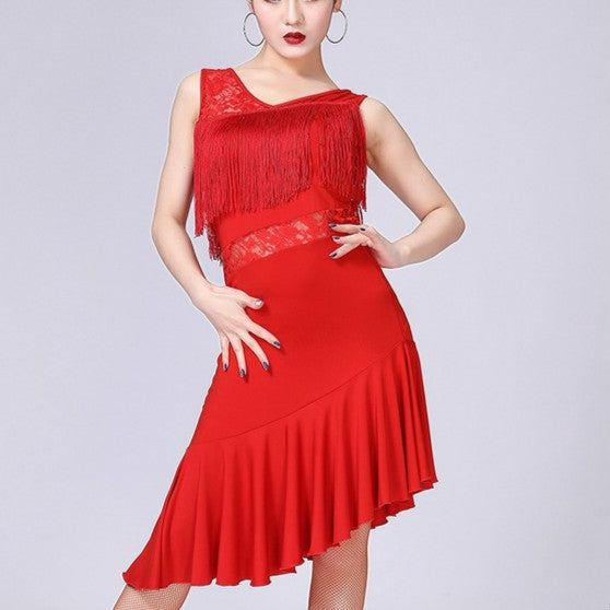 Latin Dance Dress Women Tassel Tango Dress Dance Skirt Dancewear, Size：L(Red)